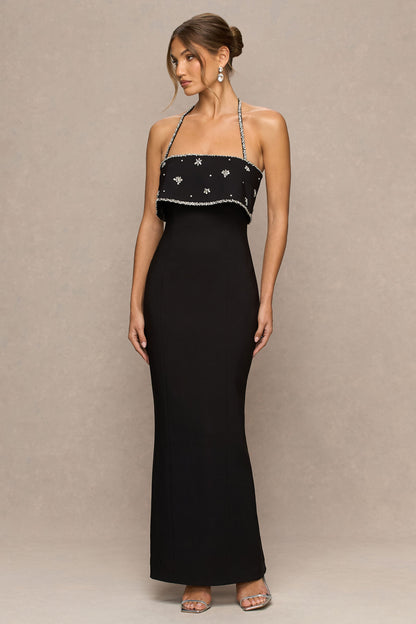 Illiana | Black Bandeau Hand-Embellished Maxi Dress