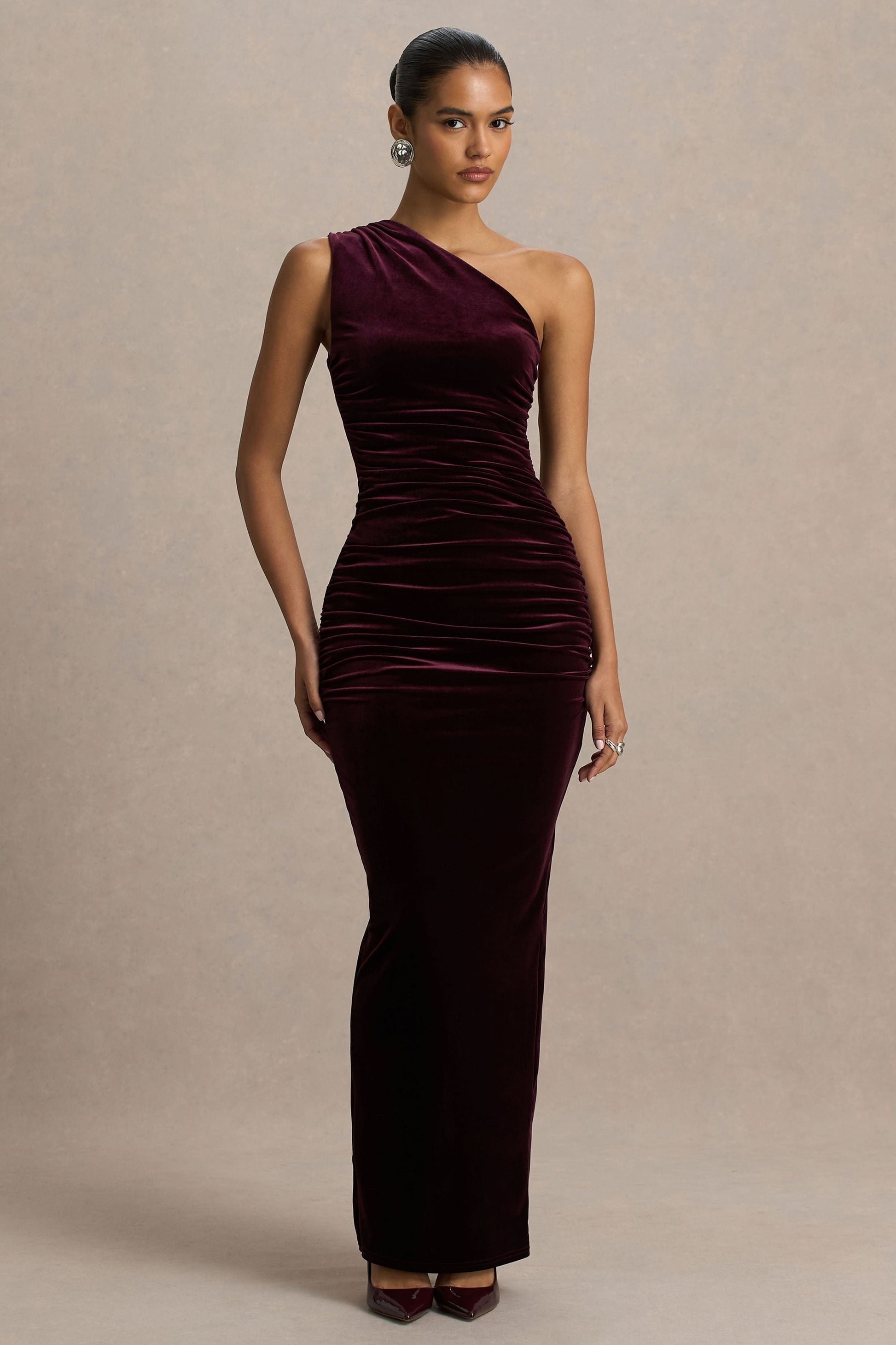 Treat | Burgundy Velvet Asymmetric-Neck Maxi Dress With Ruched Detailing