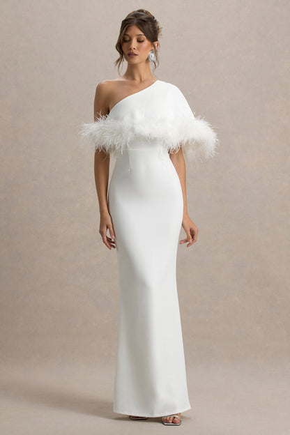 Valor | White Asymmetric Maxi Dress With Feather Trim