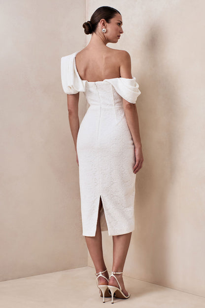 Farvera | White Lace Draped Asymmetric-Neck Midi Dress