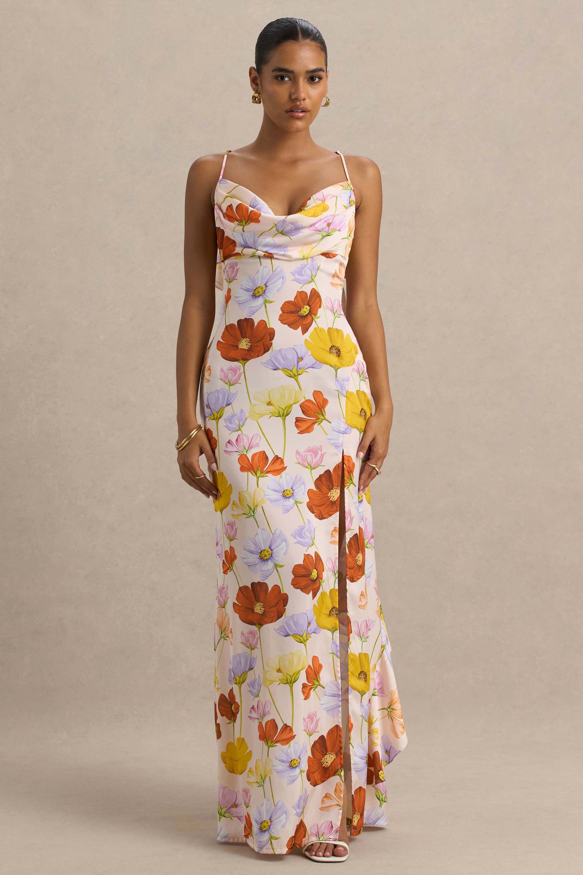Thames | Bright Floral Print Satin Cowl-Neck Maxi Dress
