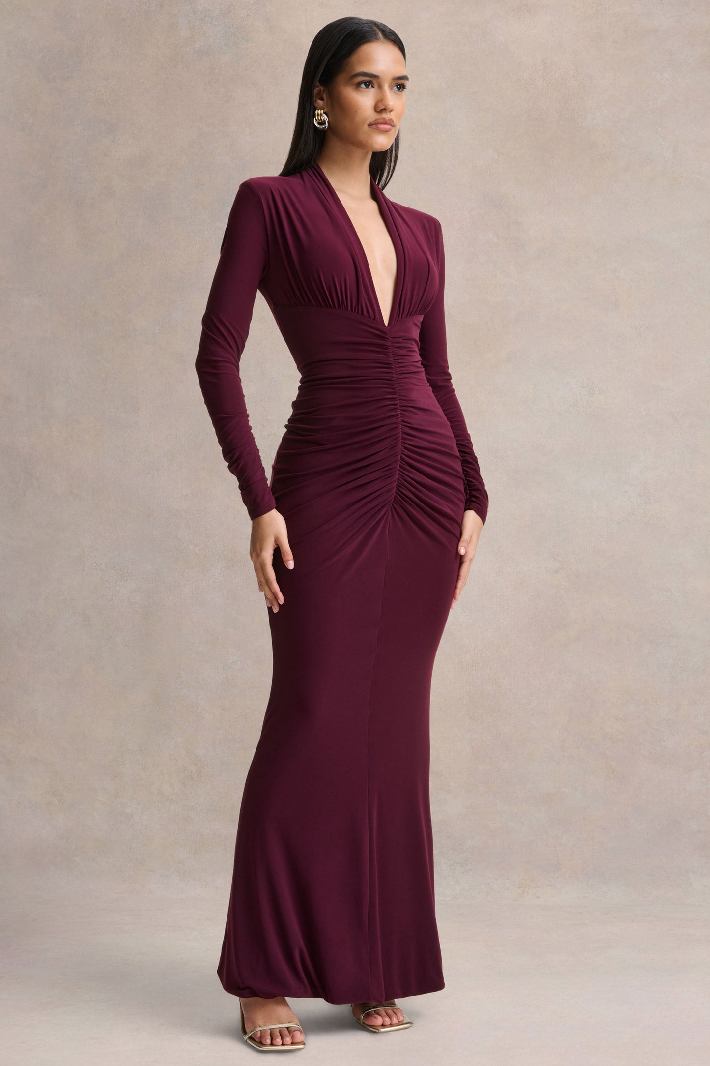 Tami | Plum Plunge-Neck Long Sleeve Maxi Dress