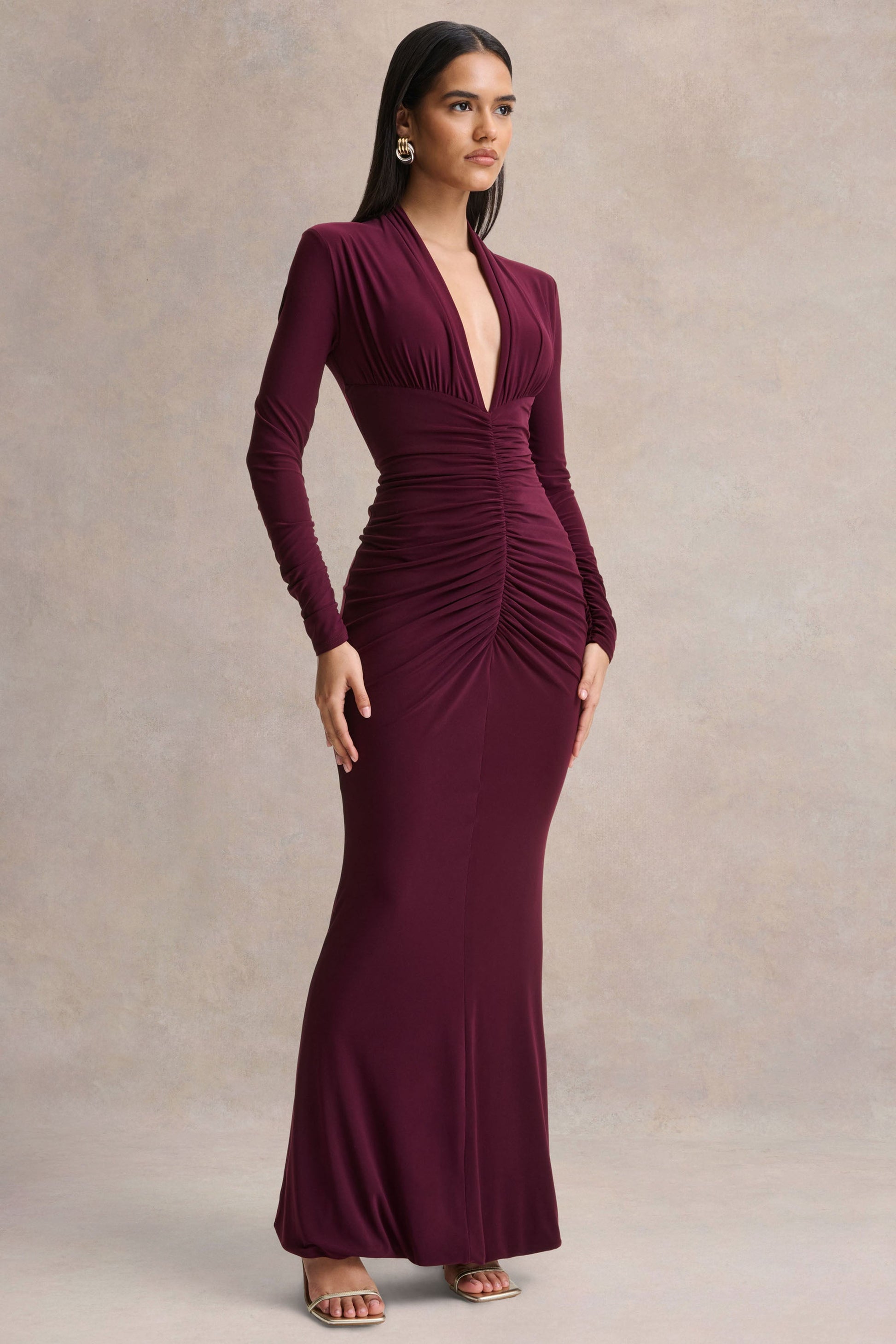 Tami | Plum Plunge-Neck Long Sleeve Maxi Dress