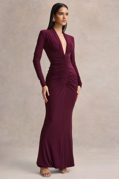 Tami | Plum Plunge-Neck Long Sleeve Maxi Dress