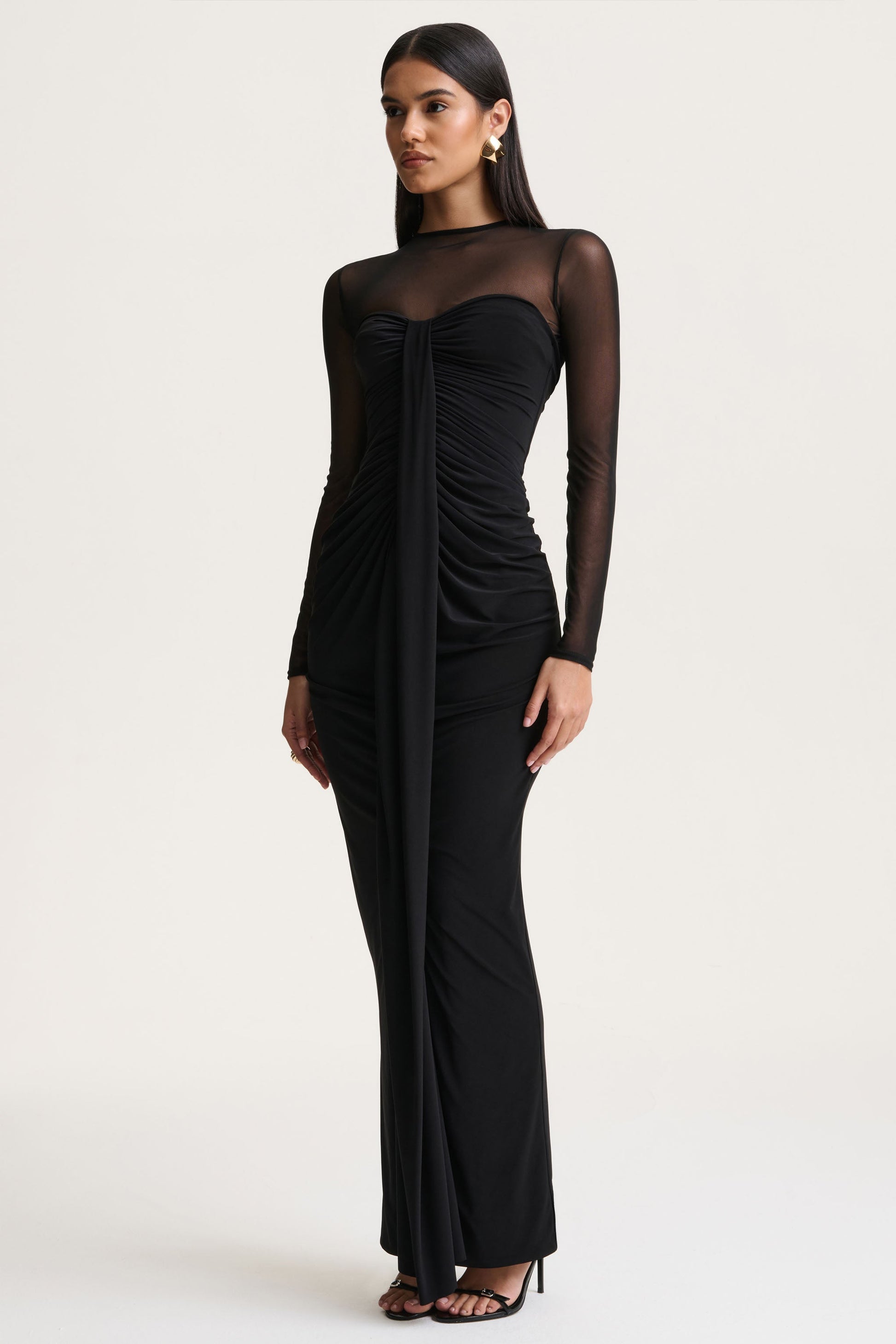 Cadenza | Black Crew-Neck Maxi Dress With Mesh And Gathered-Detailing