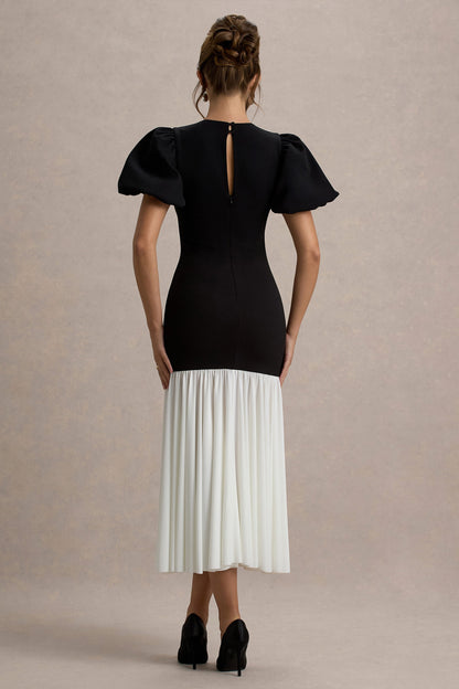 Cinzia | Black & White Puff-Sleeve Volume-Hem Midi Dress