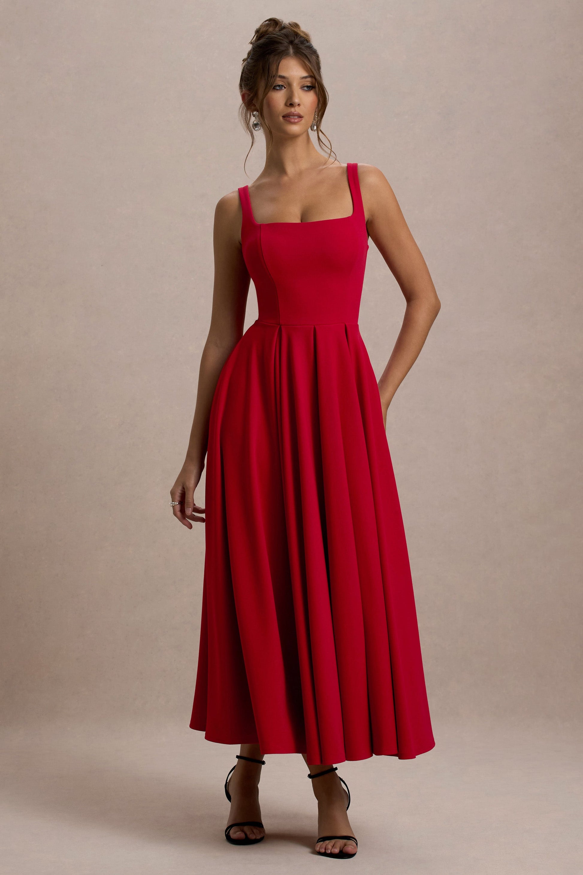 Parina | Red Strappy Volume-Hem Midi Dress