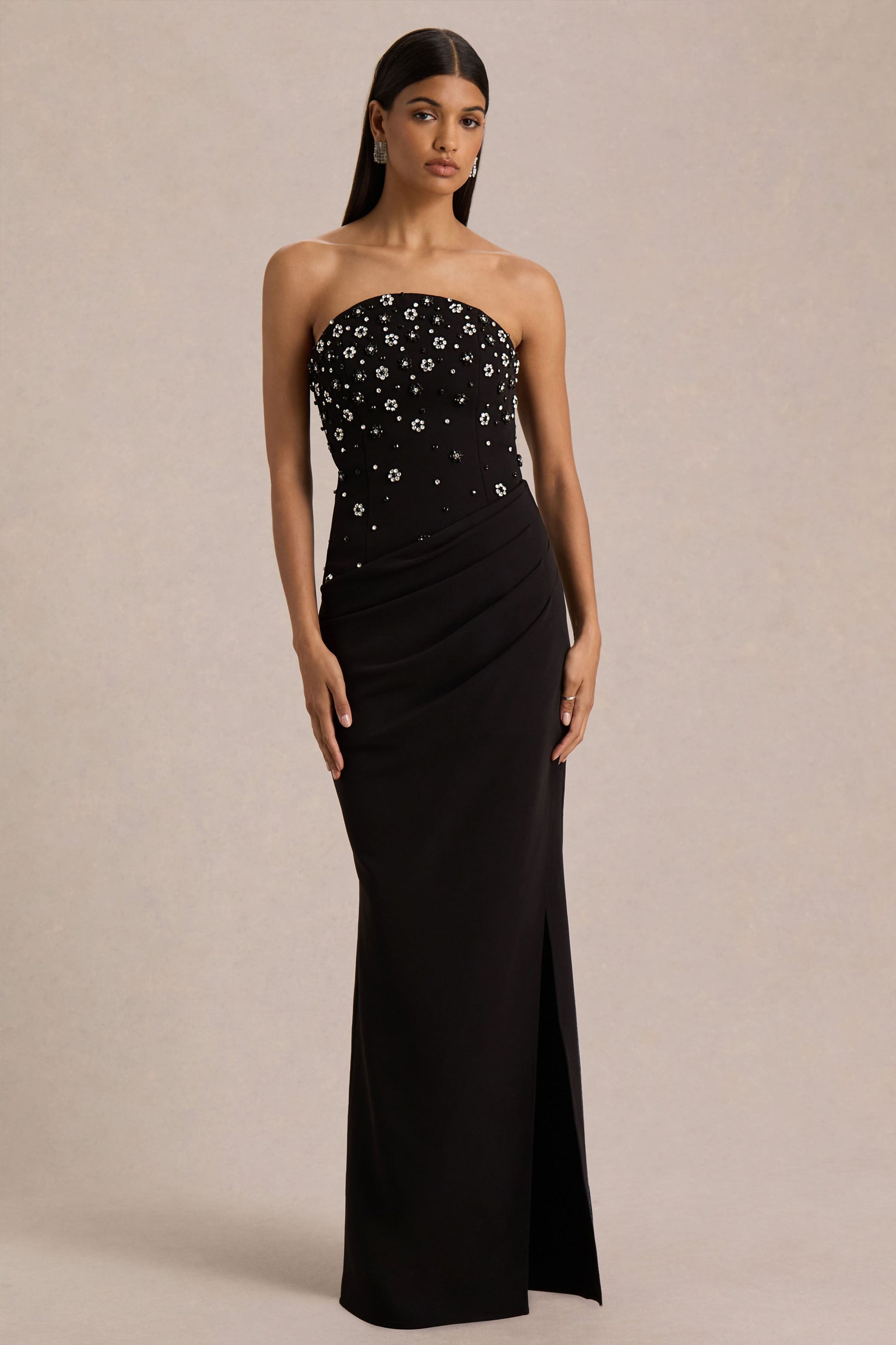 Saphira | Black Hand-Embellished Bandeau-Neck Maxi Dress