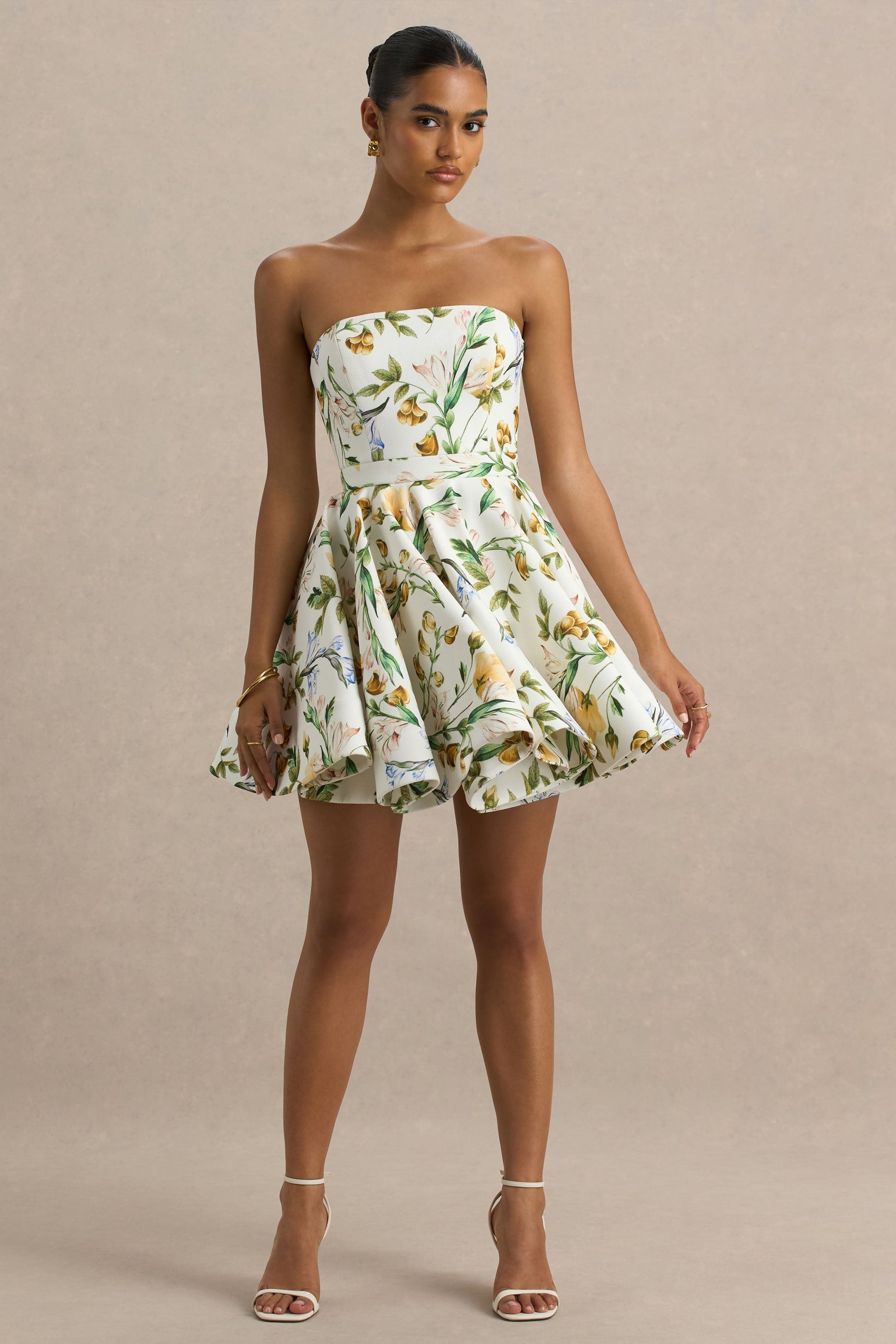 Valerian | Lemon Floral Print Bandeau Mini Dress With Ruffle Hem