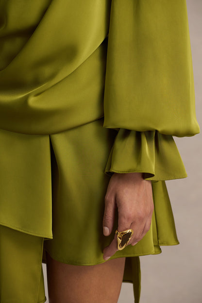 Cara | Olive Satin Plunge-Neck Micro-Mini Dress With Long Sleeve