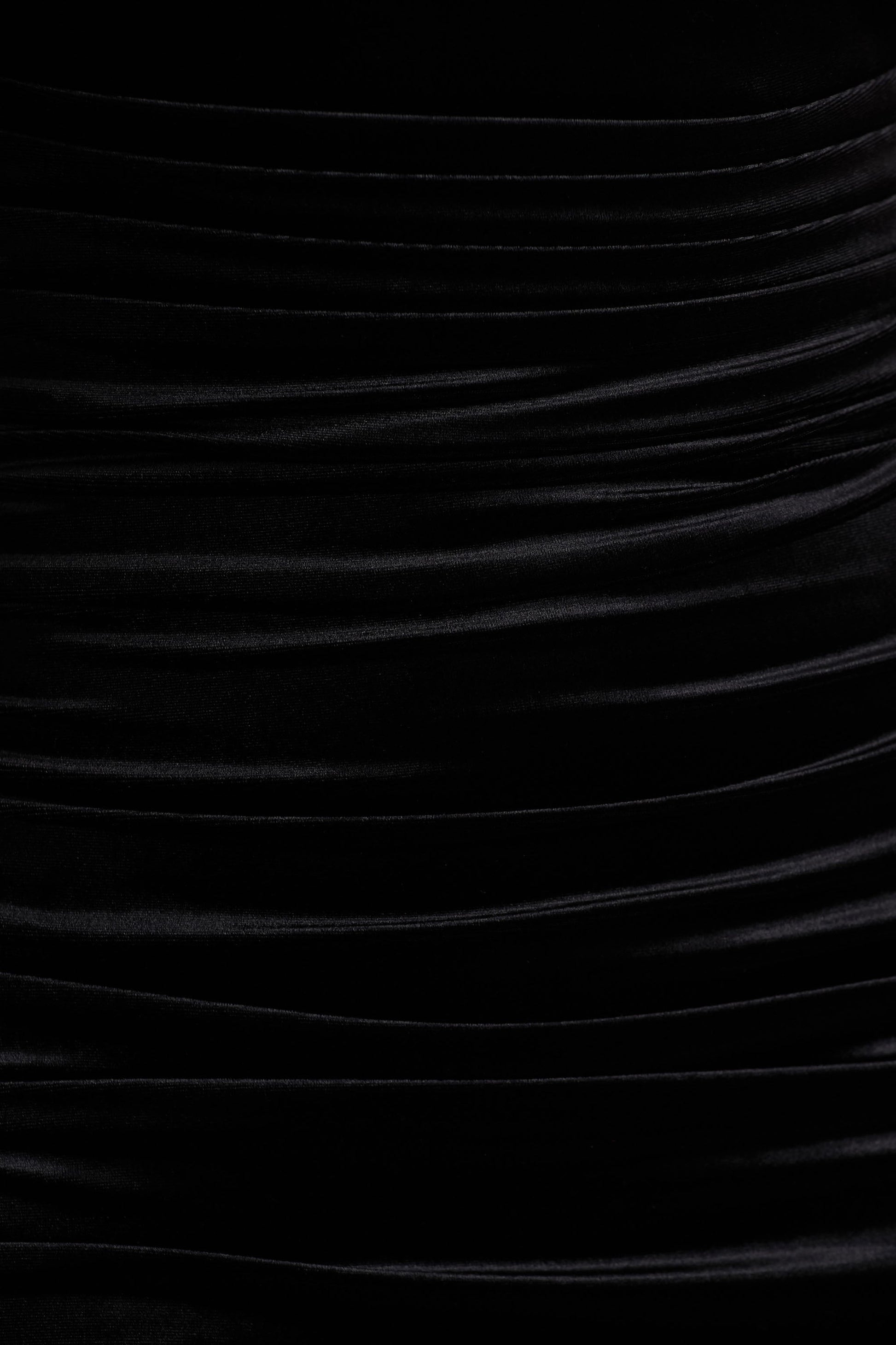 Chrissy | Black Velvet Square-Neck Midi Dress With Mesh-Sleeves And Ruched Detailing