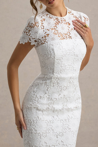 Clarissa | White Lace Crew-Neck Short-Sleeve Midi Dress