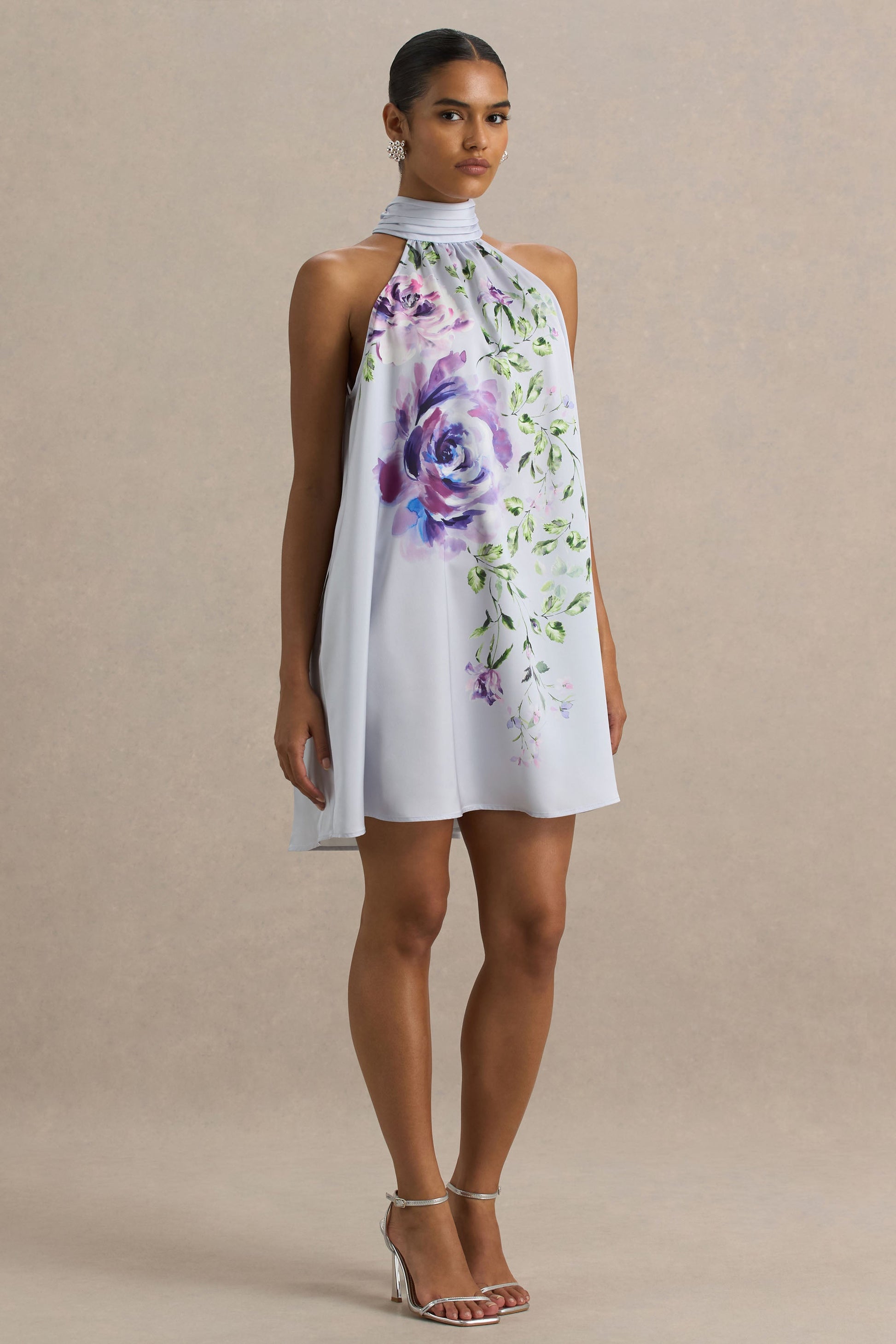 Evita | Powder Blue Rose Print High-Neck A- Mini Dress With Bow