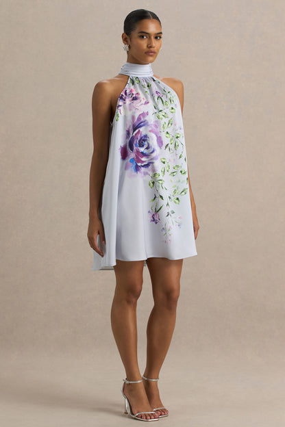 Evita | Powder Blue Rose Print High-Neck A- Mini Dress With Bow
