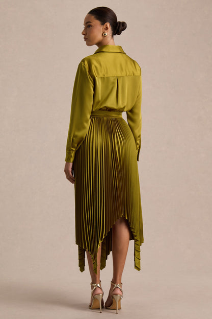 Naxos | Olive Satin Shirt Maxi Dress With Pleated Skirt