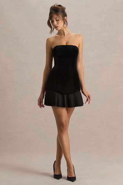 Valentina | Black Velvet Bandeau Mini Dress With Pleated Detailing
