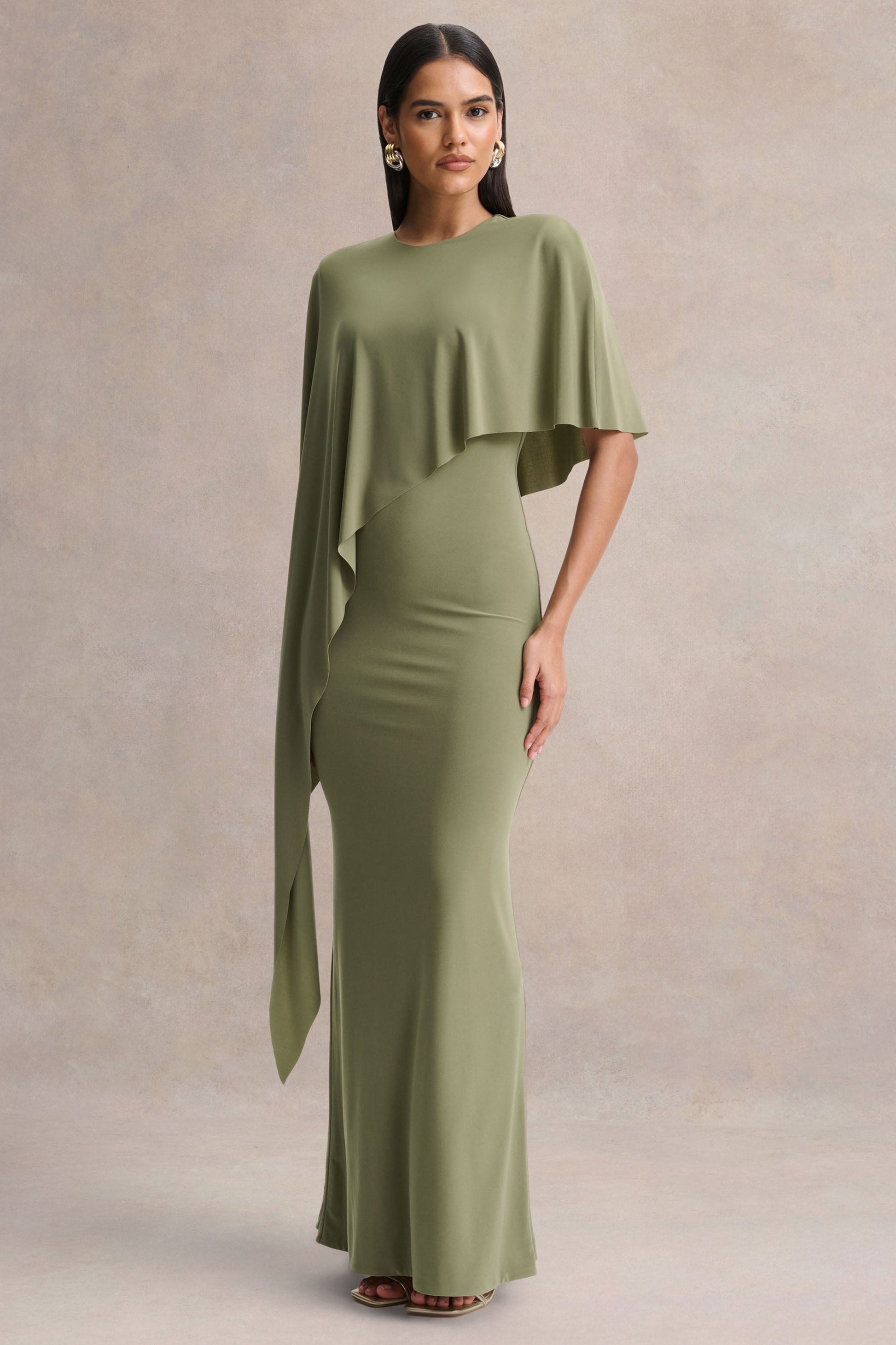 Ravena | Olive Crew-Neck Maxi Dress With Asymmetric-Cape Sleeve