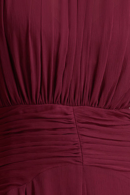 Melanina | Burgundy High-Neck Maxi Dress With Ruched Detailing