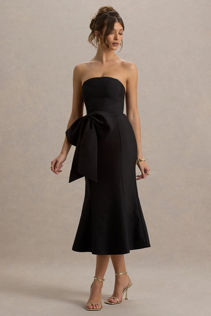 To Me | Black Bandeau Midi Dress With Oversized Bow