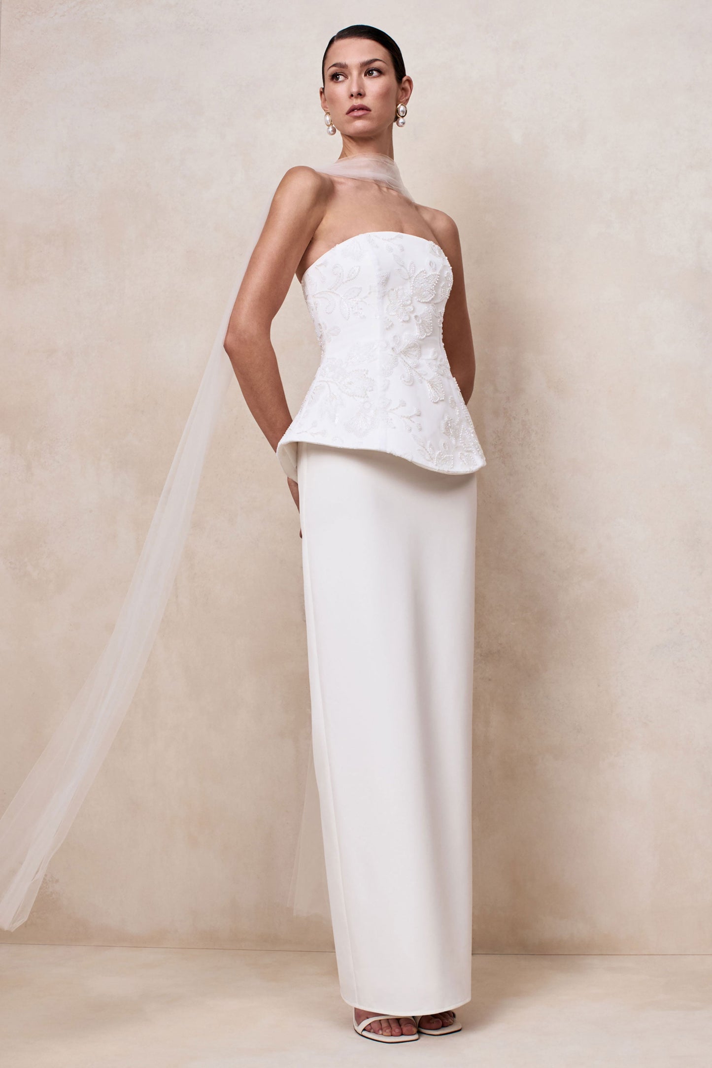 Naira | White Satin Bandeau Corset Maxi Dress With Sheer Scarf