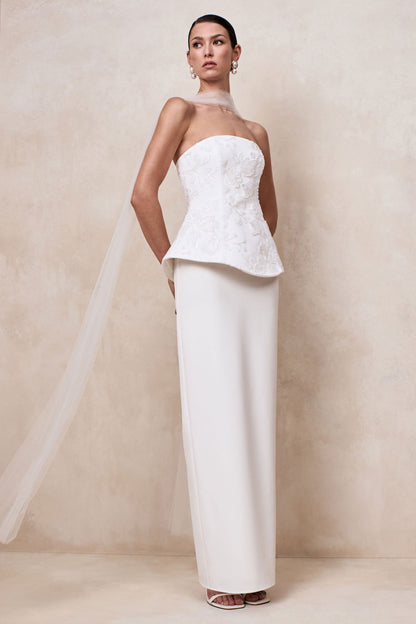 Naira | White Satin Bandeau Corset Maxi Dress With Sheer Scarf