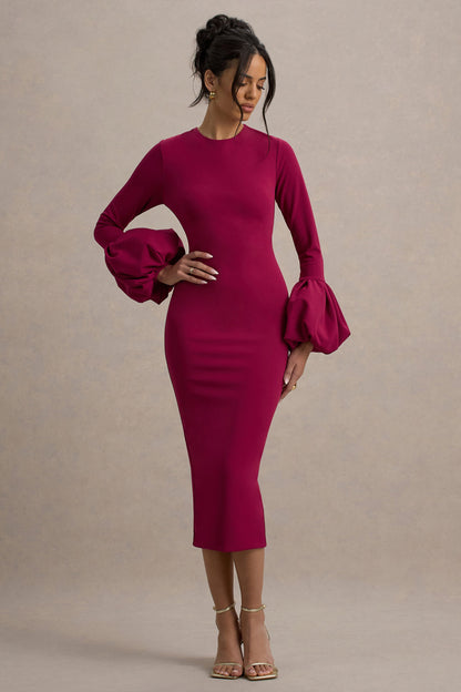 Celie | Mulberry Long-Sleeve Midi Dress With Puff Cuffs