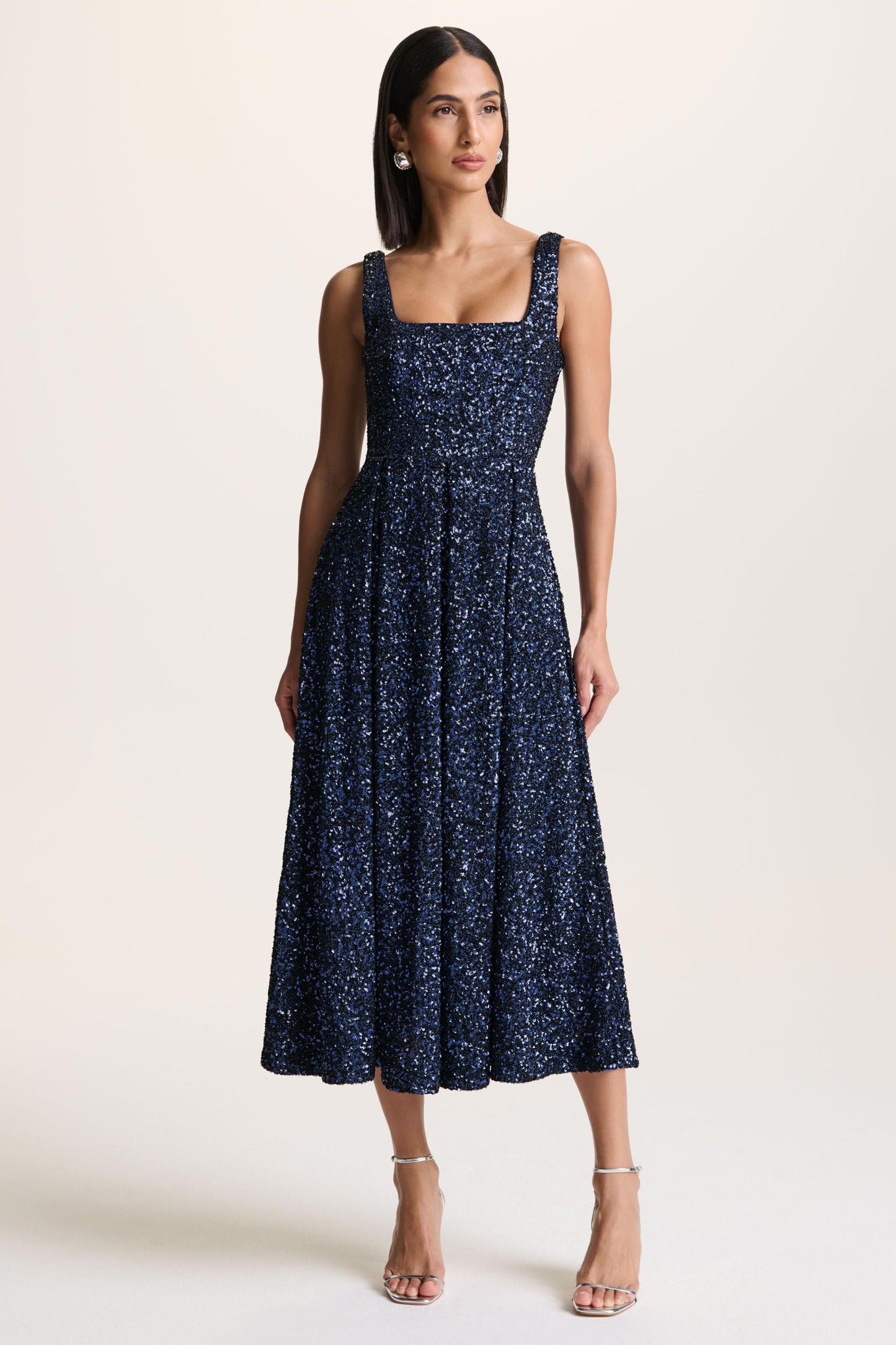 Lima | Navy Sequin Square-Neck A- Midi Dress