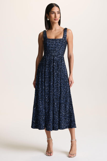 Lima | Navy Sequin Square-Neck A- Midi Dress