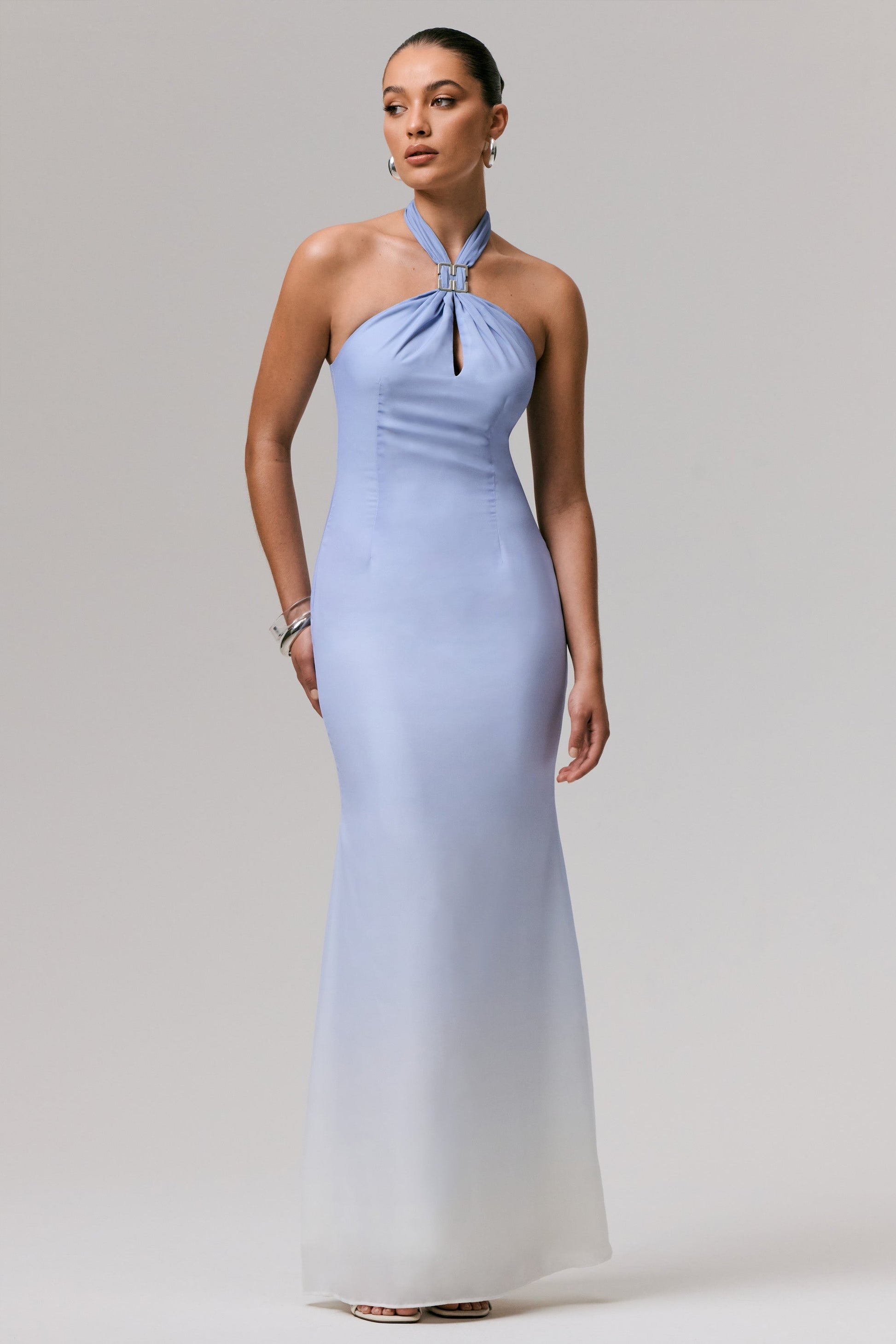 Sharni | Blue Ombre Chiffon Halter-Neck Maxi Dress