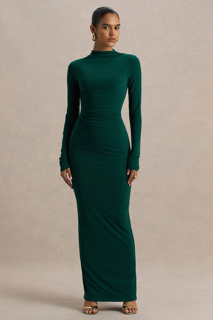 Eden | Bottle Green High-Neck Maxi Dress With Ruched Detailing