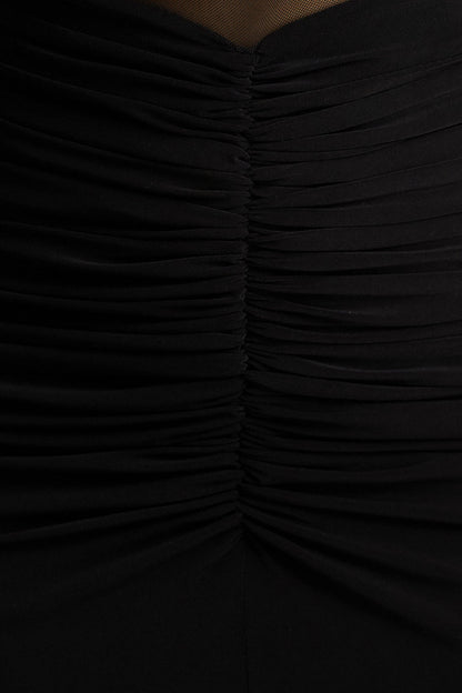 Zinnie | Black Cape-Sleeve Maxi Dress With Mesh Panel