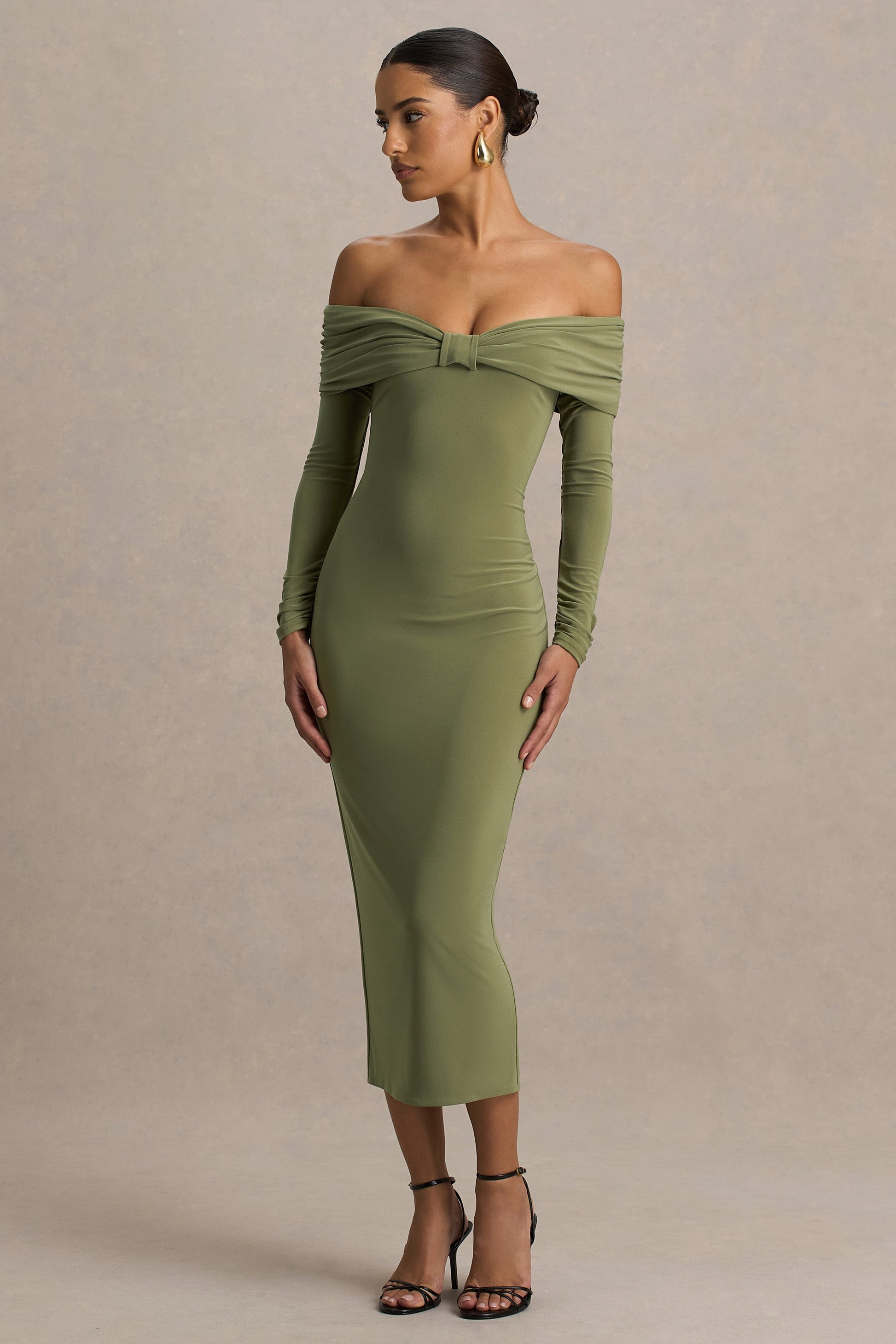 Spark | Olive Bardot-Neck Midi Dress With Bow Detail
