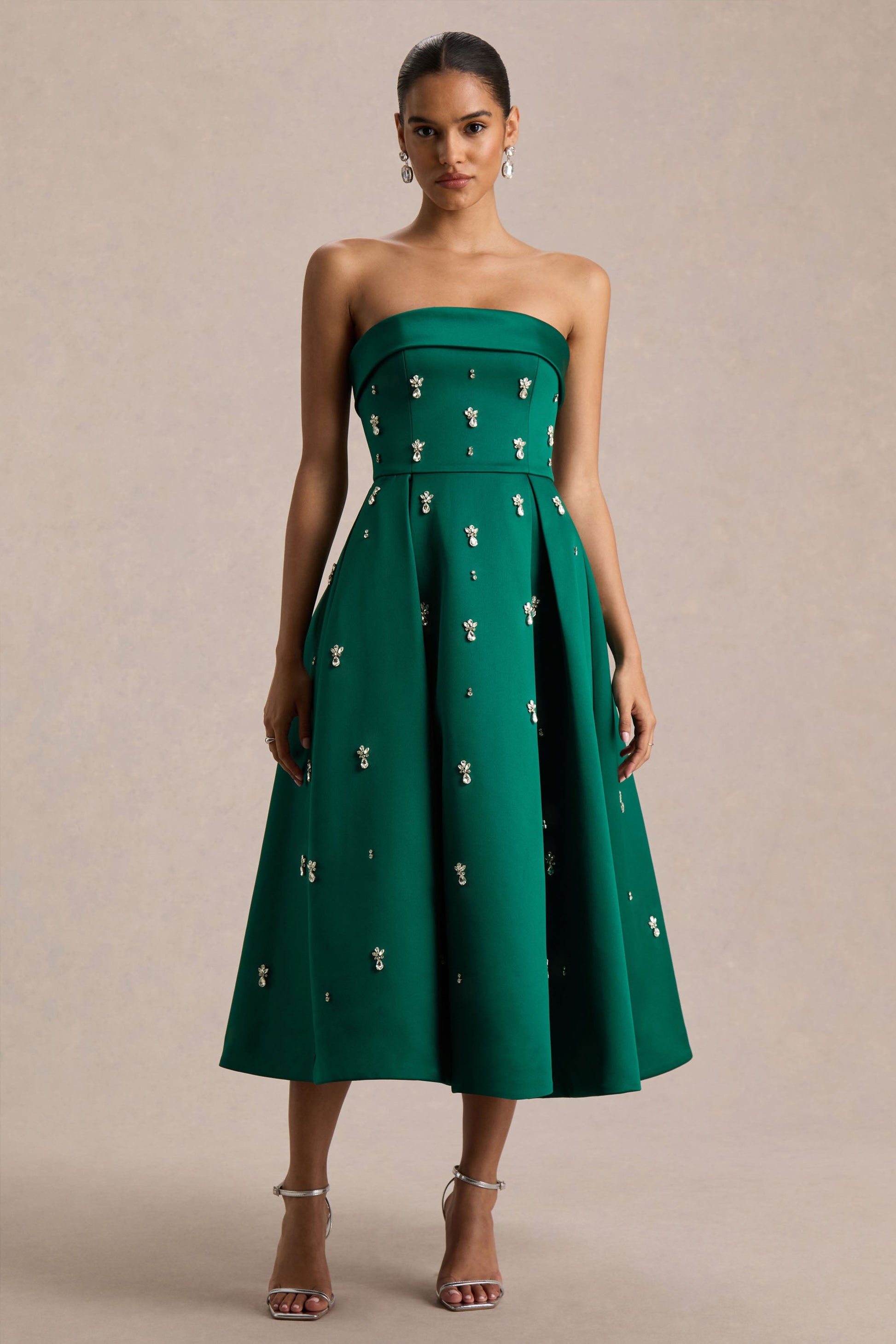 Sylvette | Dark Green Satin Bandeau Skater Midi Dress