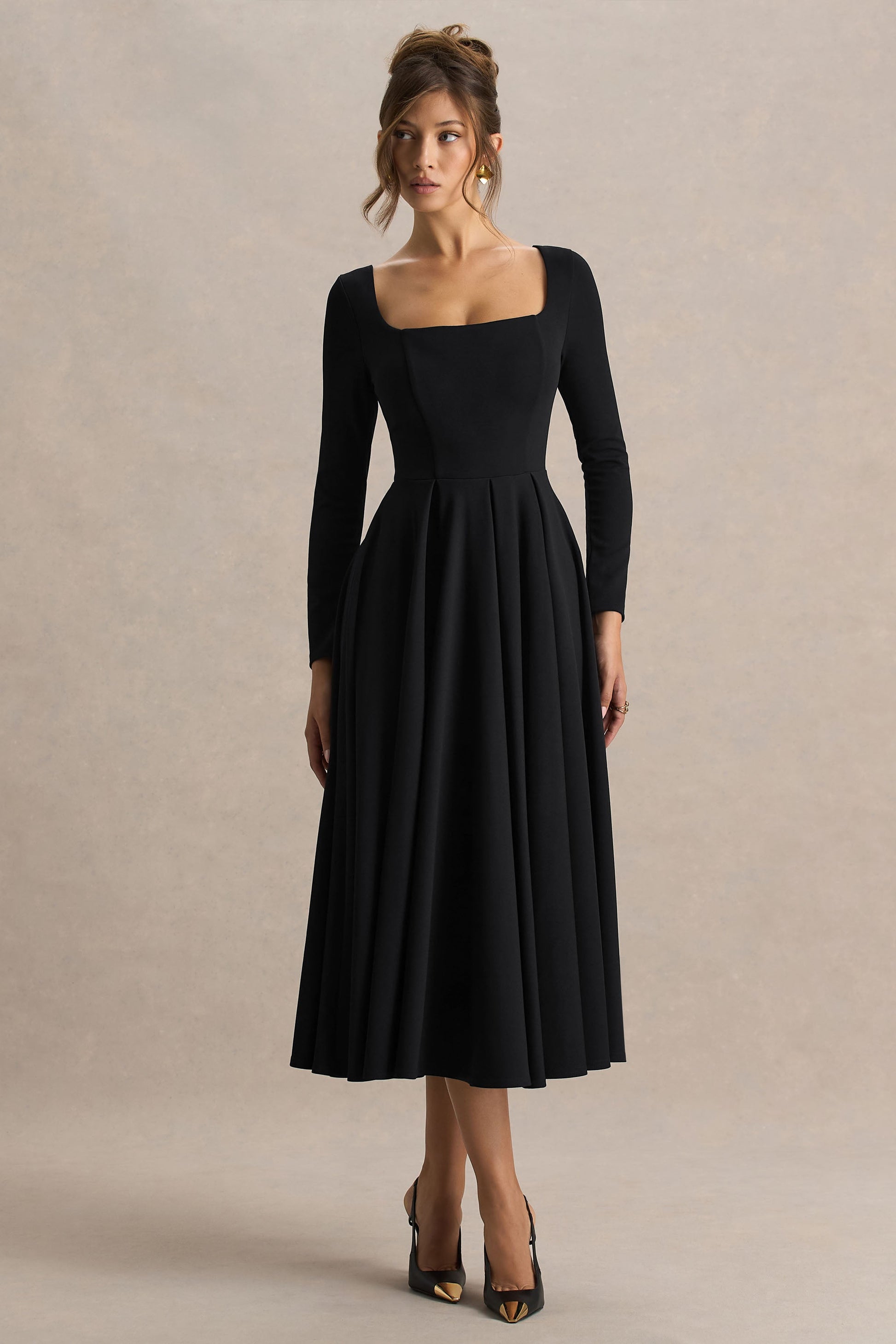 Alison | Black Square-Neck A- Midi Dress