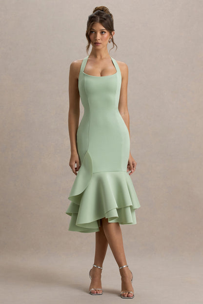 Arla | Light Green Halter Neck Ruffle Trim Midi Dress