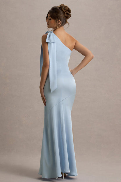 Here For Love | Powder Blue Satin Asymmetric Maxi Dress With Bow