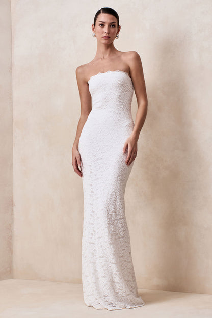 Massima | White Lace Bandeau Maxi Dress With Scarf-Detail