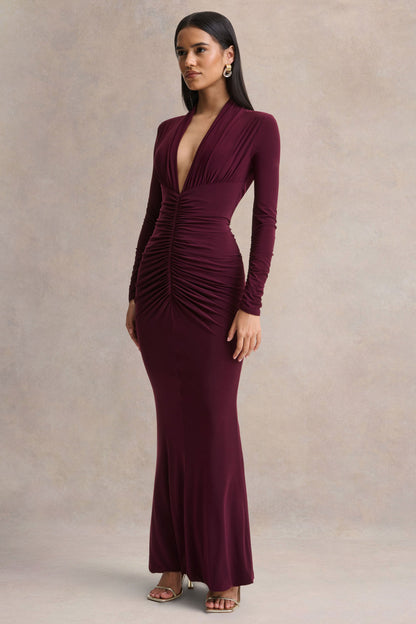 Tami | Plum Plunge-Neck Long Sleeve Maxi Dress