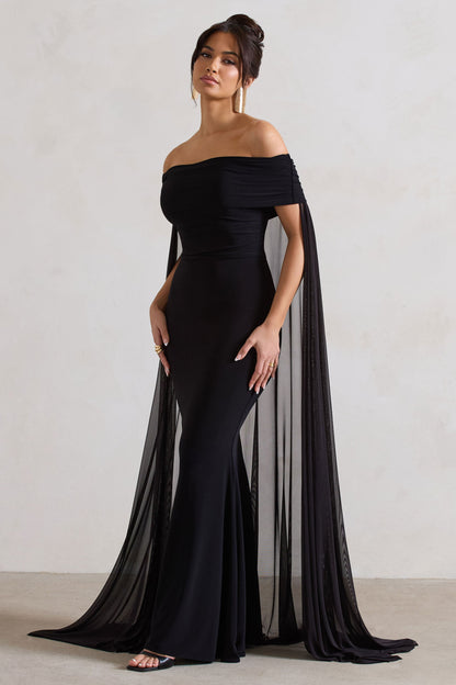 Carlotta | Black Bardot Maxi Dress With Chiffon Cape