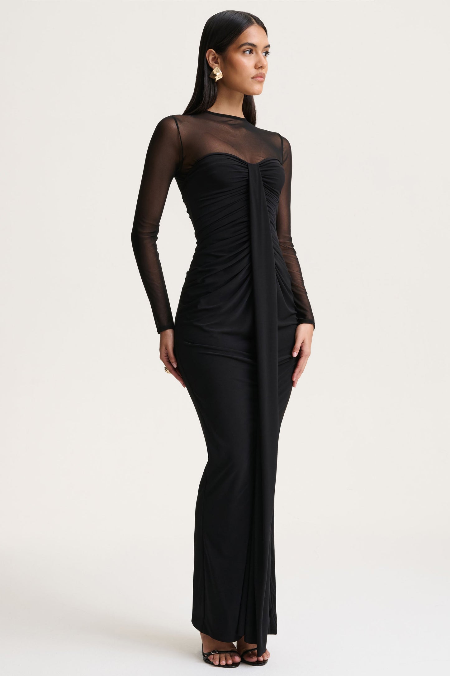 Cadenza | Black Crew-Neck Maxi Dress With Mesh And Gathered-Detailing