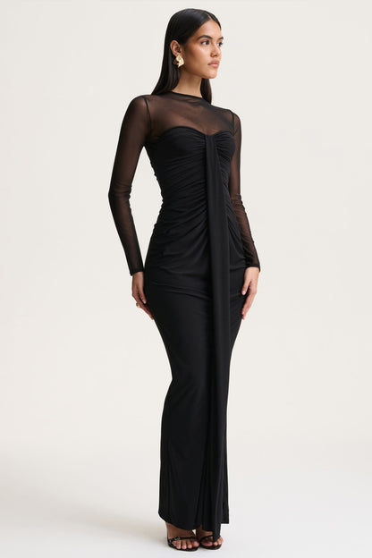 Cadenza | Black Crew-Neck Maxi Dress With Mesh And Gathered-Detailing