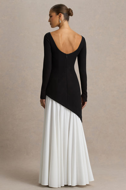 Caty | Black And White Long-Sleeved Maxi Dress With Asymmetric Drop-Waist