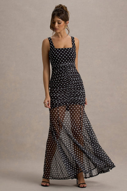 Galaxia | Black & White Polka Dot Maxi Dress With Mesh Skirt