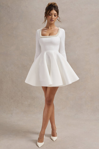 Wilder | White Embellished Square-Neck Long-Sleeve Skater Mini Dress