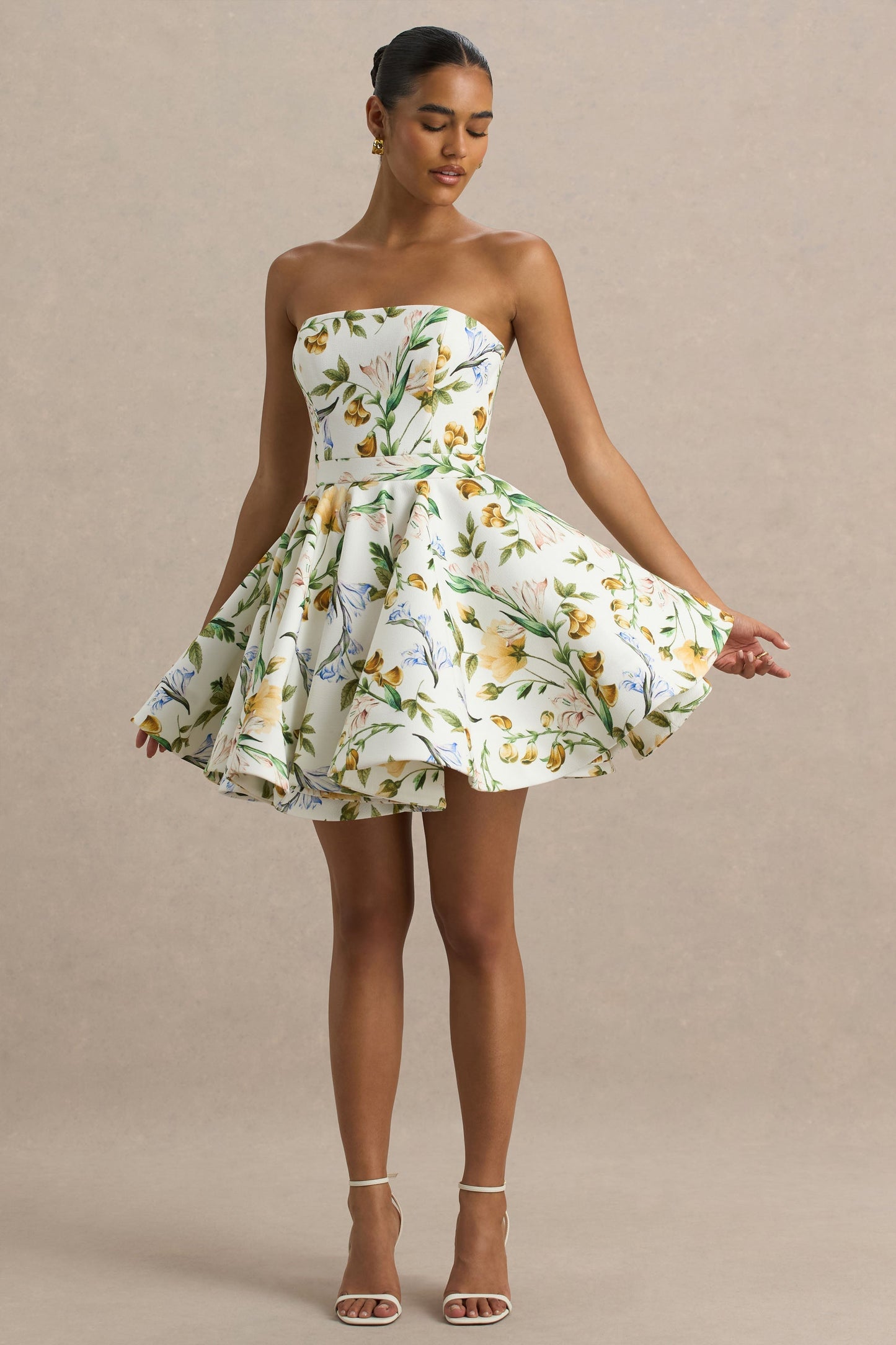 Valerian | Lemon Floral Print Bandeau Mini Dress With Ruffle Hem