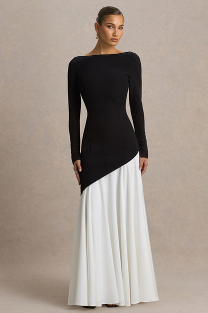 Caty | Black And White Long-Sleeved Maxi Dress With Asymmetric Drop-Waist