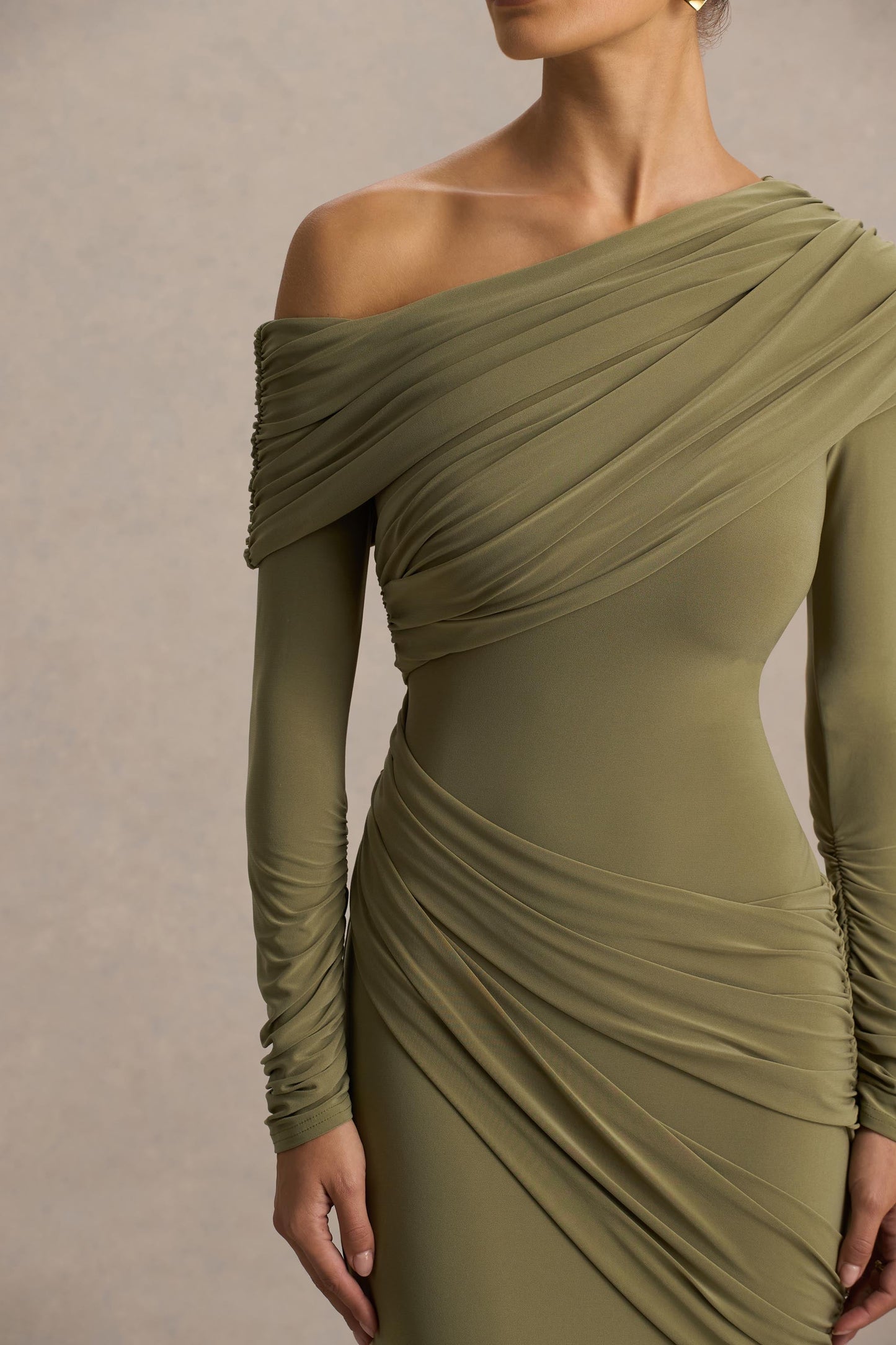 Perrie | Olive Asymmetric-Neck Maxi Dress With Ruched Detailing