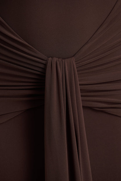 Saffie | Chocolate Extreme-Plunge Wrap Maxi Dress With Long-Sleeves And Ruched Detailing