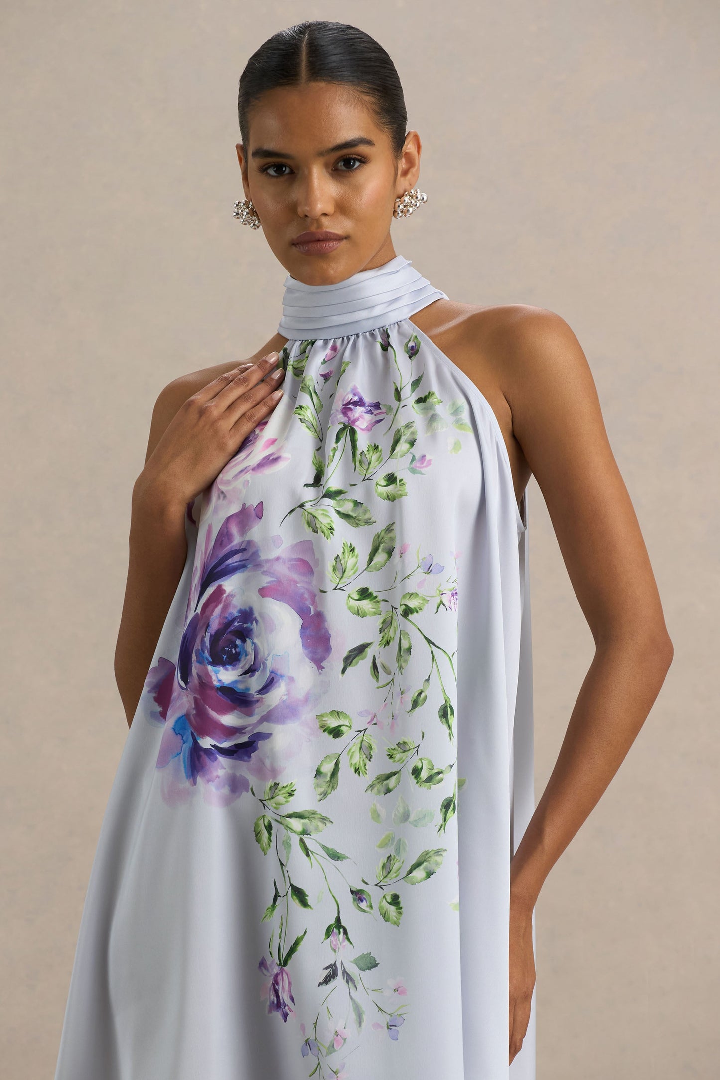 Evita | Powder Blue Rose Print High-Neck A- Mini Dress With Bow