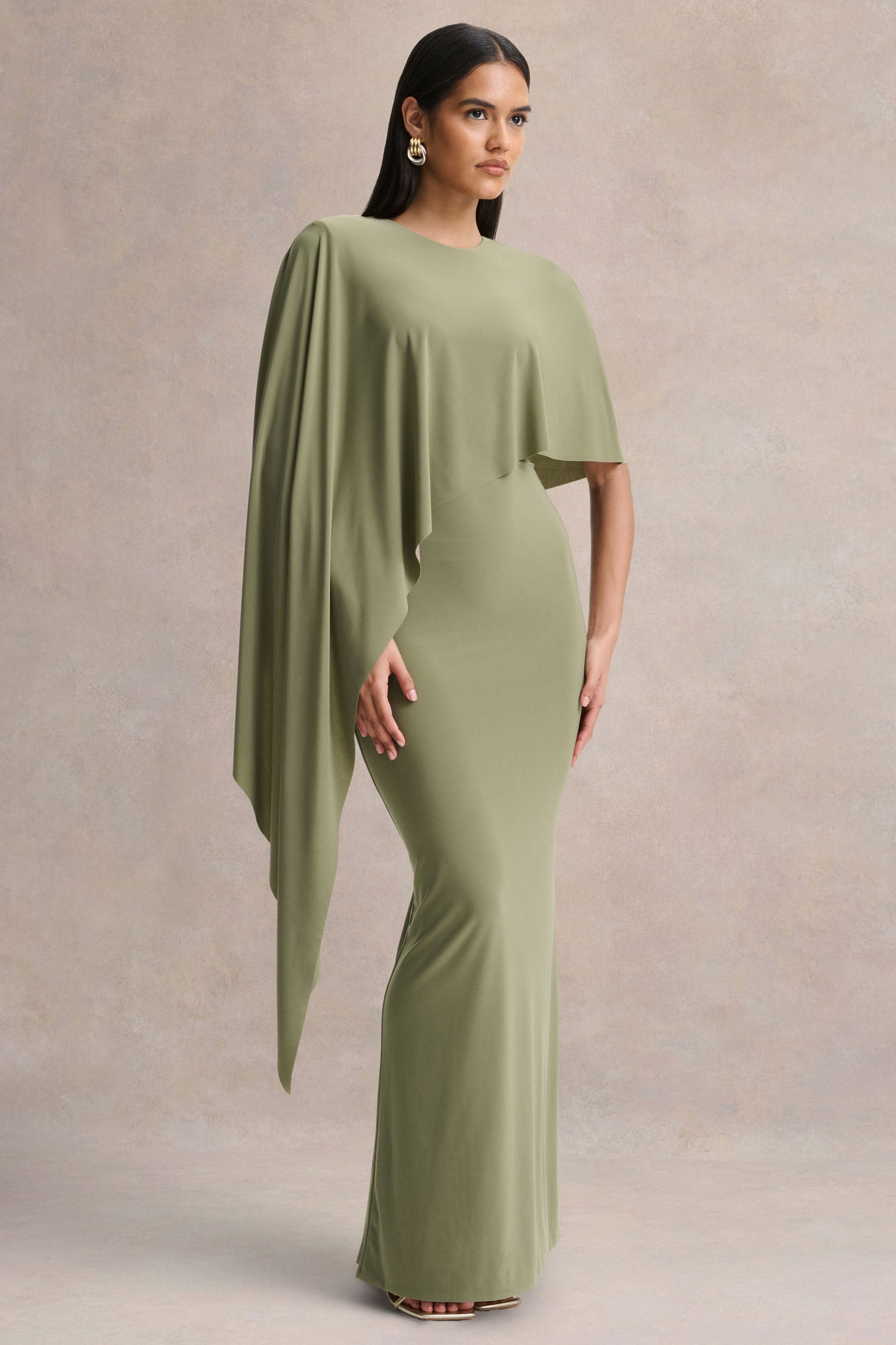 Ravena | Olive Crew-Neck Maxi Dress With Asymmetric-Cape Sleeve